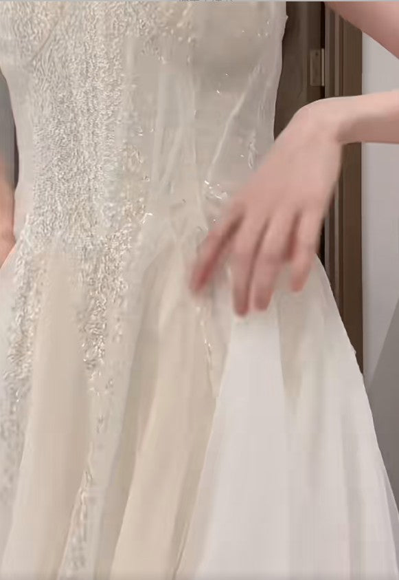 Robe de bal longue blanche à bretelles spaghetti, coupe trapèze, en tulle et paillettes, simple, pour anniversaire, remise de diplôme, ED01843