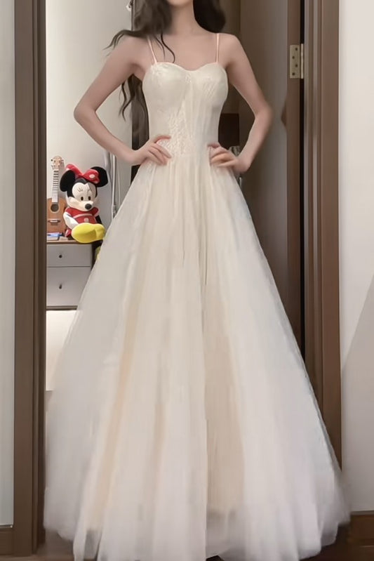 Robe de bal longue blanche à bretelles spaghetti, coupe trapèze, en tulle et paillettes, simple, pour anniversaire, remise de diplôme, ED01843