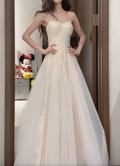 Robe de bal longue blanche à bretelles spaghetti, coupe trapèze, en tulle et paillettes, simple, pour anniversaire, remise de diplôme, ED01843