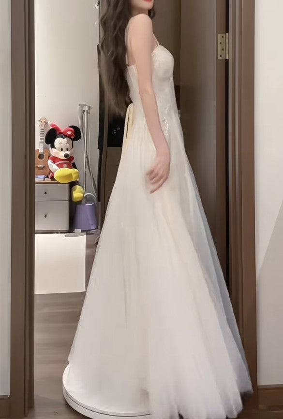 Robe de bal longue blanche à bretelles spaghetti, coupe trapèze, en tulle et paillettes, simple, pour anniversaire, remise de diplôme, ED01843