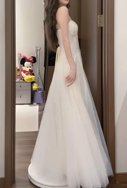 Robe de bal longue blanche à bretelles spaghetti, coupe trapèze, en tulle et paillettes, simple, pour anniversaire, remise de diplôme, ED01843