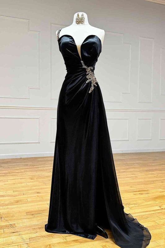 Robe de bal trapèze noire asymétrique à strass et fente ED01844