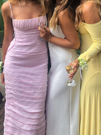 Robe de bal sirène élégante à bretelles spaghetti, longueur au sol, sans manches, rose, ED01845