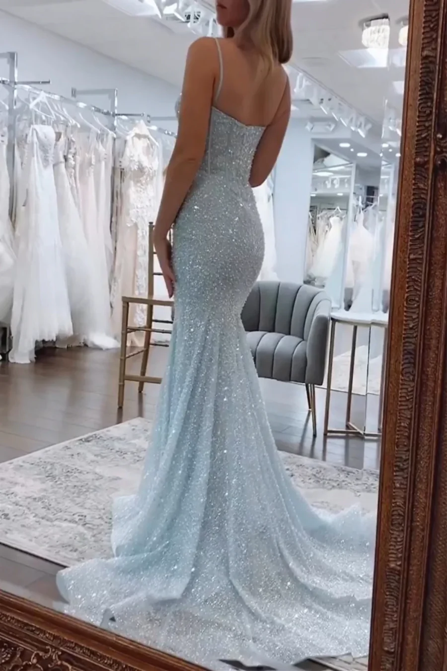 Robe de bal sirène longue à bretelles spaghetti et paillettes ED01846