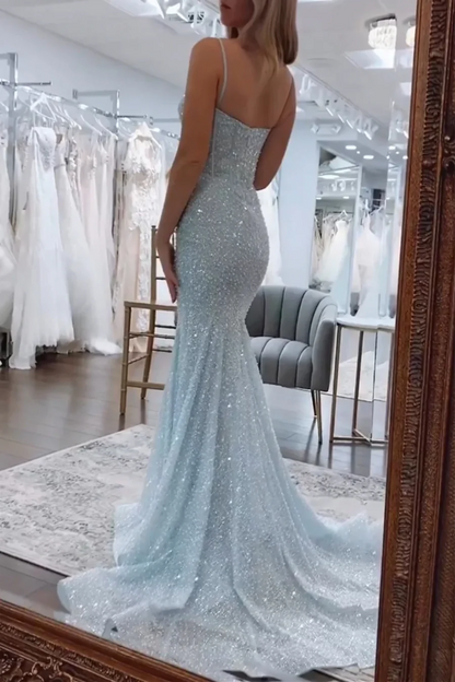 Robe de bal sirène longue à bretelles spaghetti et paillettes ED01846