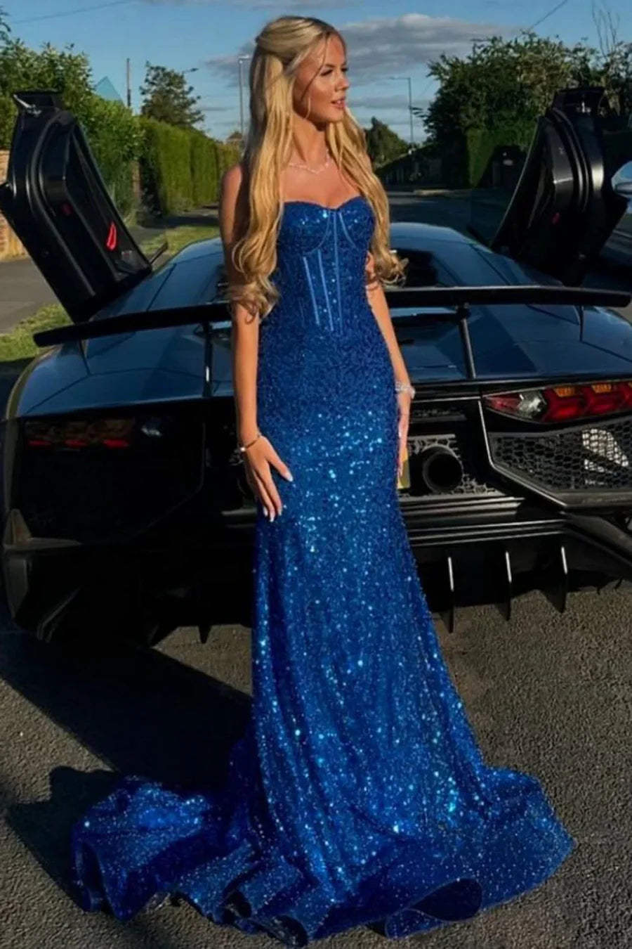 Robe de bal sirène longue à bretelles spaghetti et paillettes ED01846