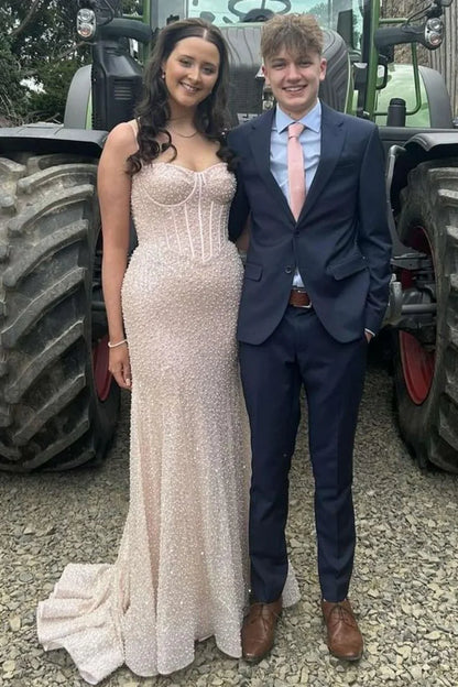 Robe de bal sirène longue à bretelles spaghetti et paillettes ED01846