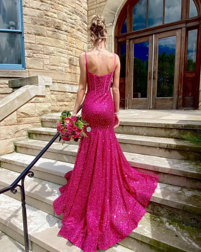 Robe de bal sirène longue à bretelles spaghetti et paillettes ED01846
