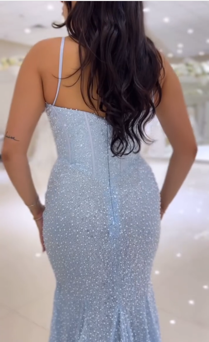 Robe de bal sirène longue à bretelles spaghetti et paillettes ED01846