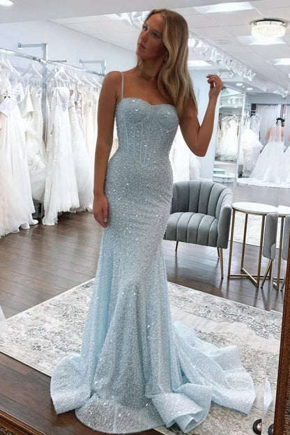 Robe de bal sirène longue à bretelles spaghetti et paillettes ED01846