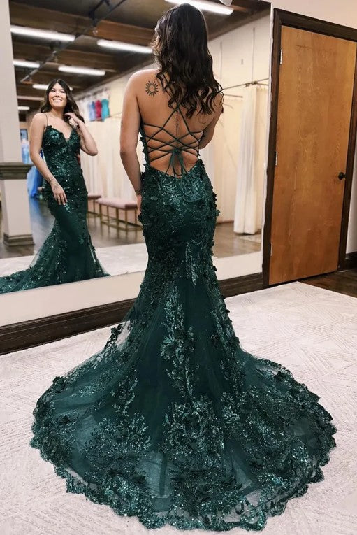 Dunkelgrünes Meerjungfrau-Abendkleid mit Spaghettiträgern, Tüll und Pailletten, langes Ballkleid mit Applikationen, Abendkleid ED01847