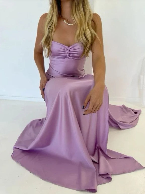 Robe de soirée élégante lilas, robe de bal longue à bretelles spaghetti, robe de soirée formelle en satin ED01849