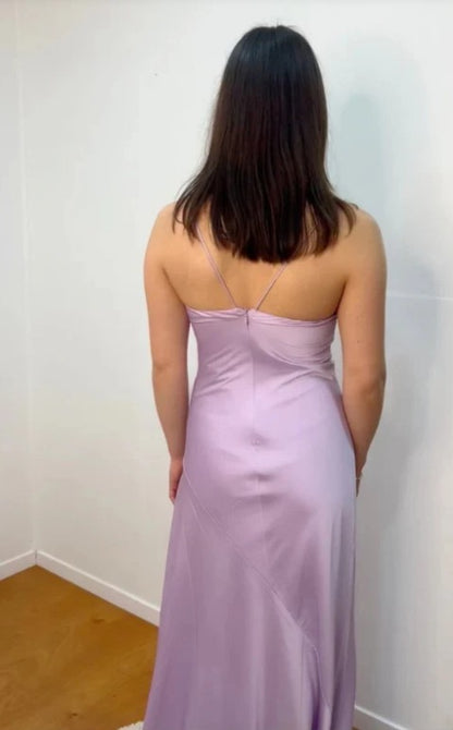 Robe de soirée élégante lilas, robe de bal longue à bretelles spaghetti, robe de soirée formelle en satin ED01849