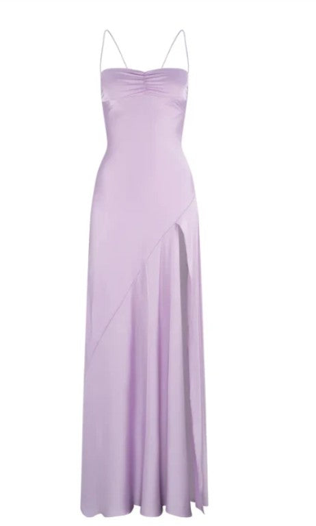 Robe de soirée élégante lilas, robe de bal longue à bretelles spaghetti, robe de soirée formelle en satin ED01849
