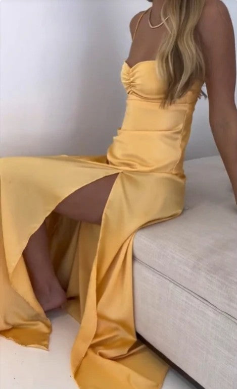 Robe de soirée élégante lilas, robe de bal longue à bretelles spaghetti, robe de soirée formelle en satin ED01849