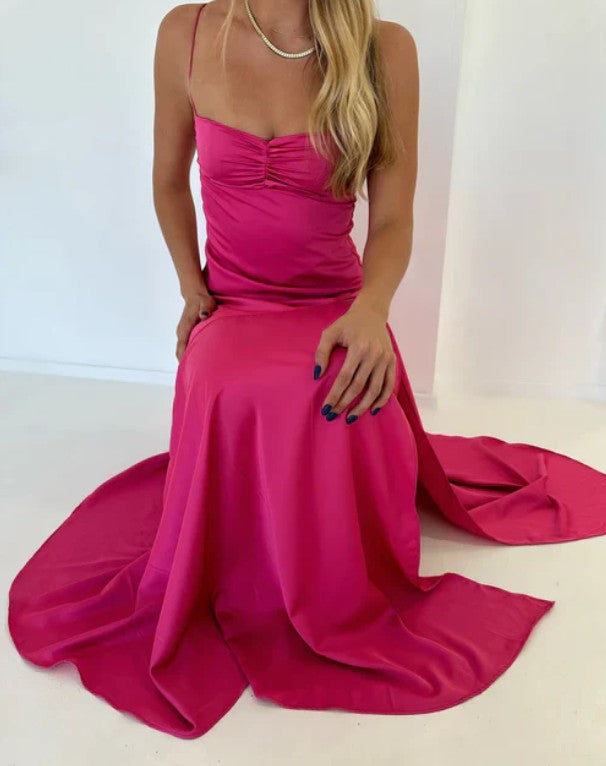 Robe de soirée élégante lilas, robe de bal longue à bretelles spaghetti, robe de soirée formelle en satin ED01849