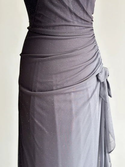 Sparkling Gradient Dark Gray Halter Neck Ruffle Sheath Prom Dress Birthday Dress ED01851