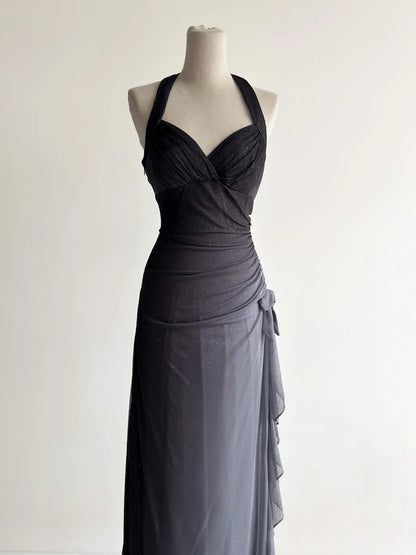 Sparkling Gradient Dark Gray Halter Neck Ruffle Sheath Prom Dress Birthday Dress ED01851