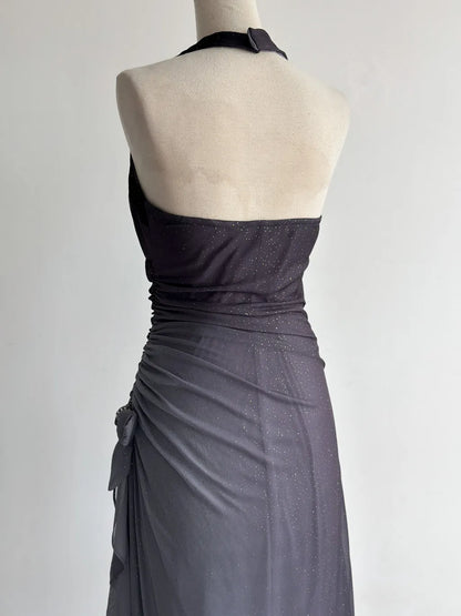 Sparkling Gradient Dark Gray Halter Neck Ruffle Sheath Prom Dress Birthday Dress ED01851