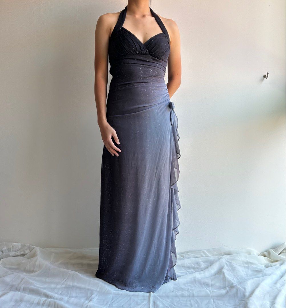 Sparkling Gradient Dark Gray Halter Neck Ruffle Sheath Prom Dress Birthday Dress ED01851