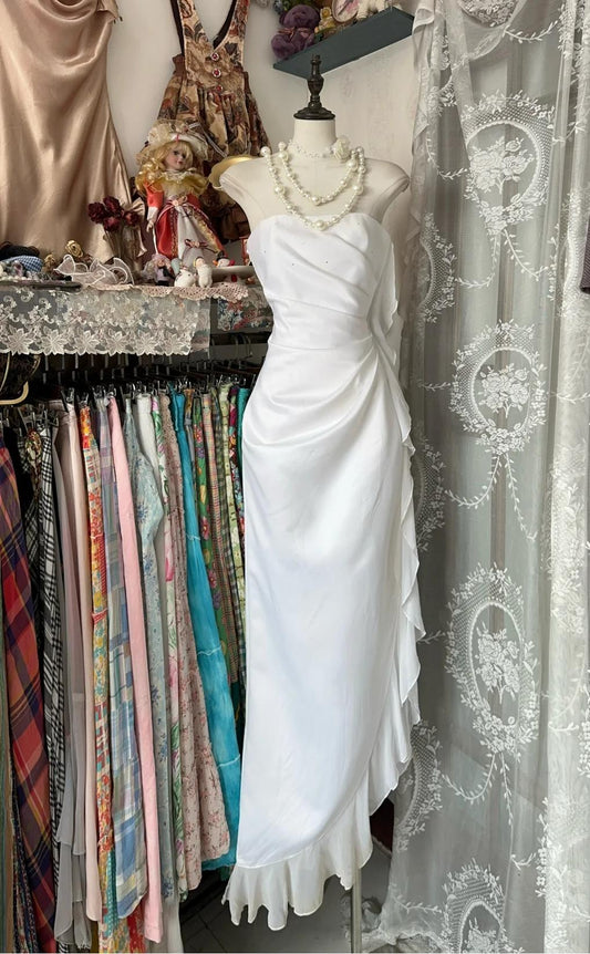 Weißes elegantes Etuikleid trägerlos Chiffon Ballkleid Geburtstagskleid ED01854