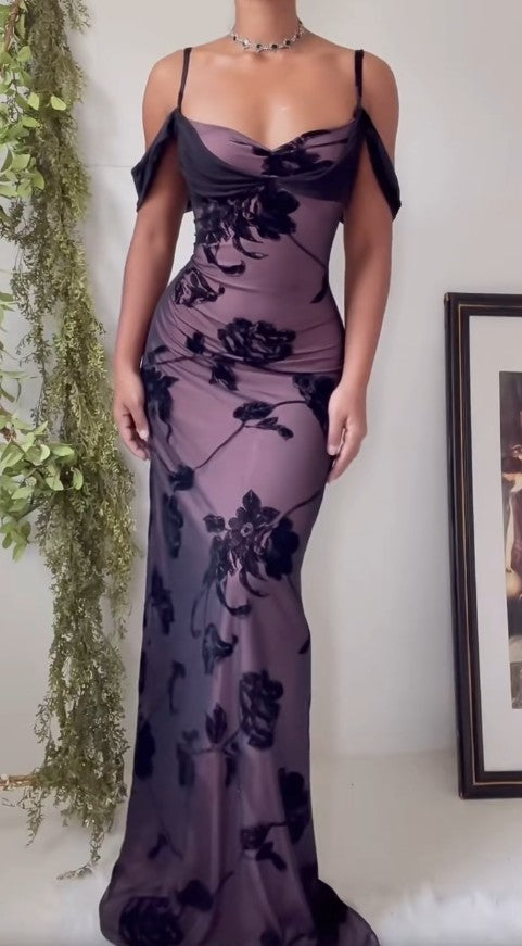 Einzigartiges lila Satin-Bodycon-Kleid, schwarzer Tüll-Spaghettiträger, Ballkleid, Geburtstagskleid, ED01856