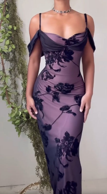 Einzigartiges lila Satin-Bodycon-Kleid, schwarzer Tüll-Spaghettiträger, Ballkleid, Geburtstagskleid, ED01856