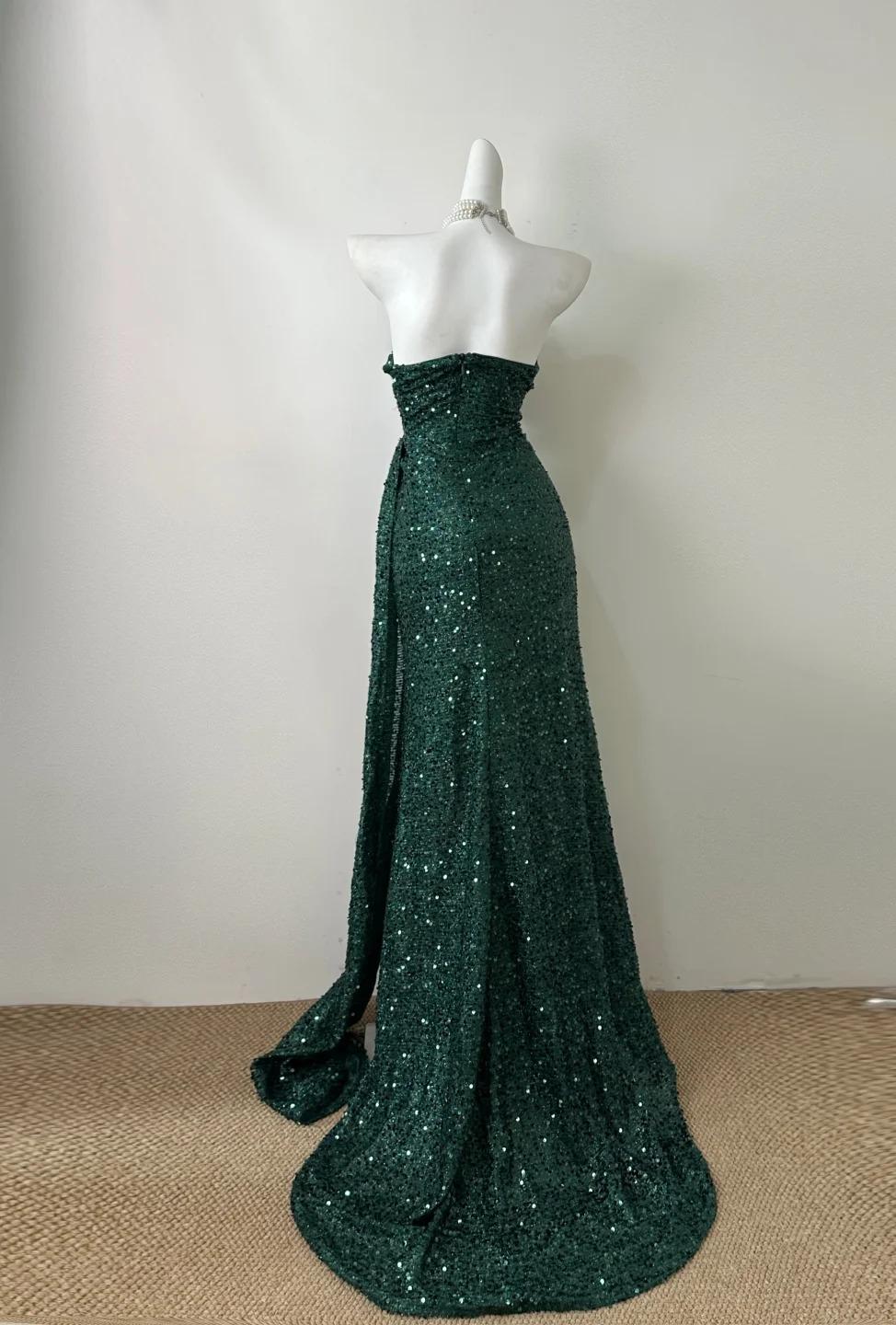 Elegant Dark Green Sweetheart Neck Mermaid Long Prom Dress Sequin Strapless Formal Evening Dress ED01860