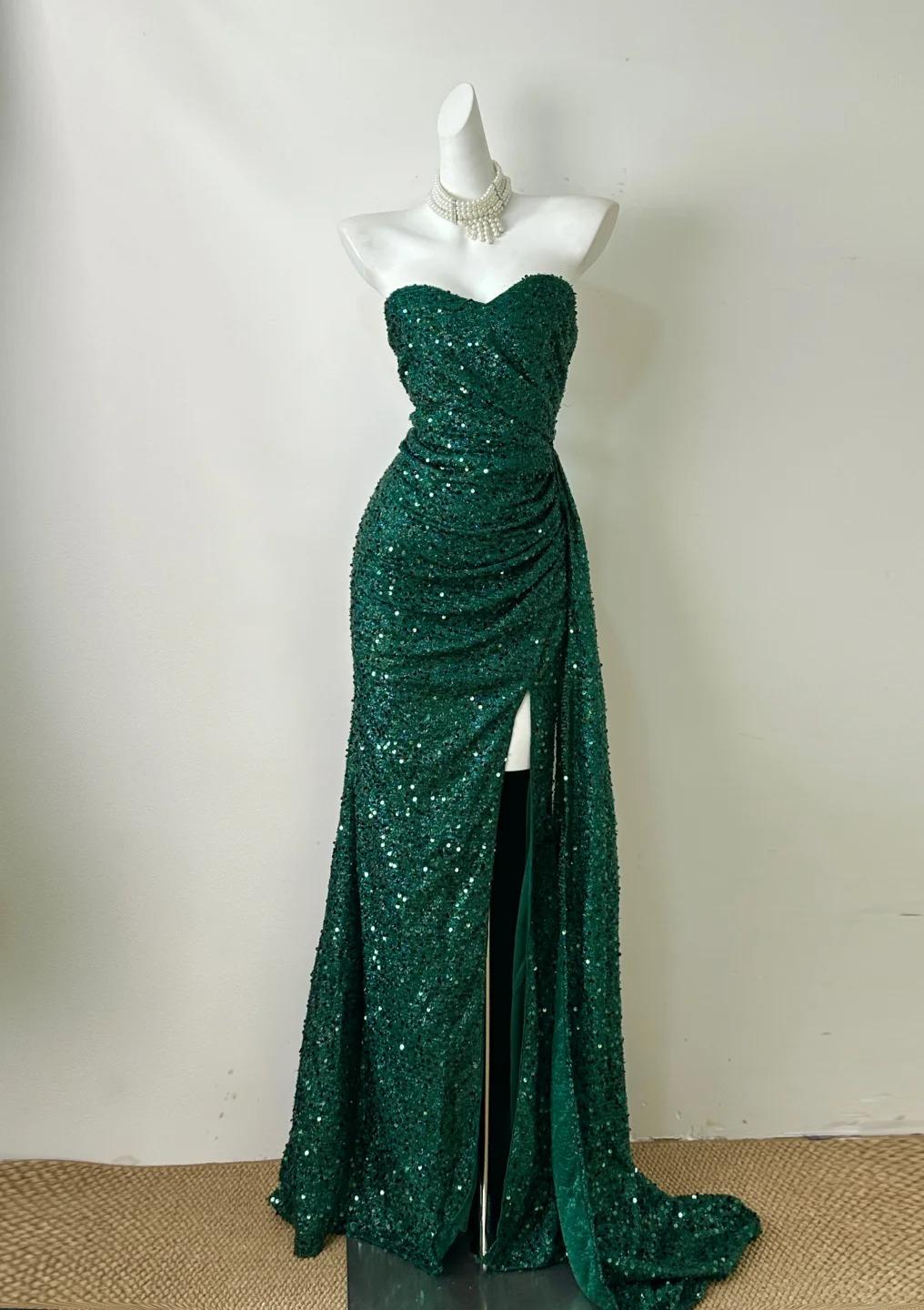 Elegant Dark Green Sweetheart Neck Mermaid Long Prom Dress Sequin Strapless Formal Evening Dress ED01860