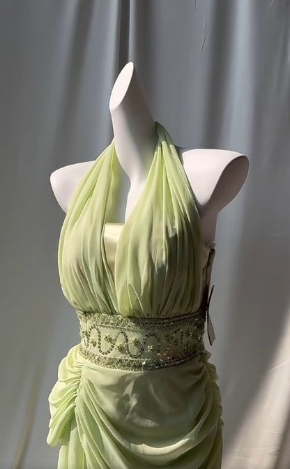 Retro Light Green V-neck Chiffon Beaded Sequins Floor-length Prom Dress Beautiful Birthday Evening Dress ED01861