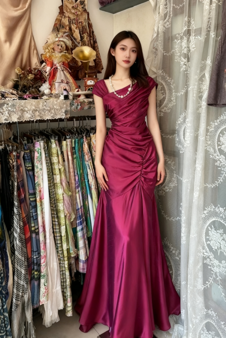 Gorgeous Dark Pink Mermaid Pleated Satin Irregular Neckline Ball Dress Birthday Dress ED01862