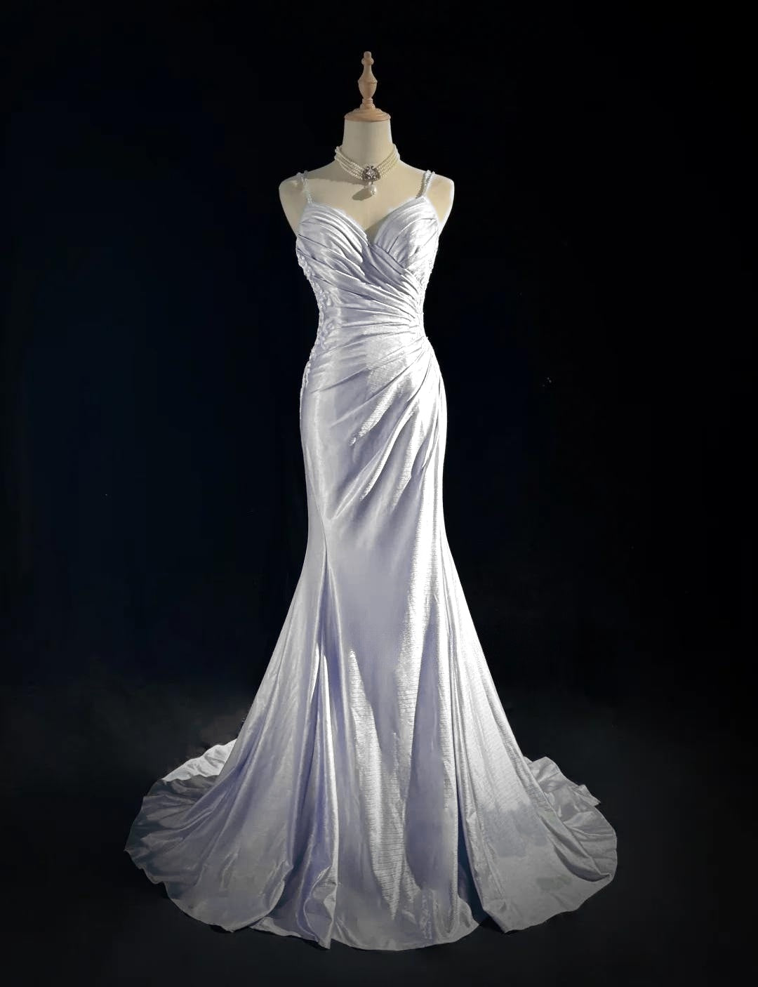 Satin Spaghetti Straps Silver Mermaid Evening Dress 