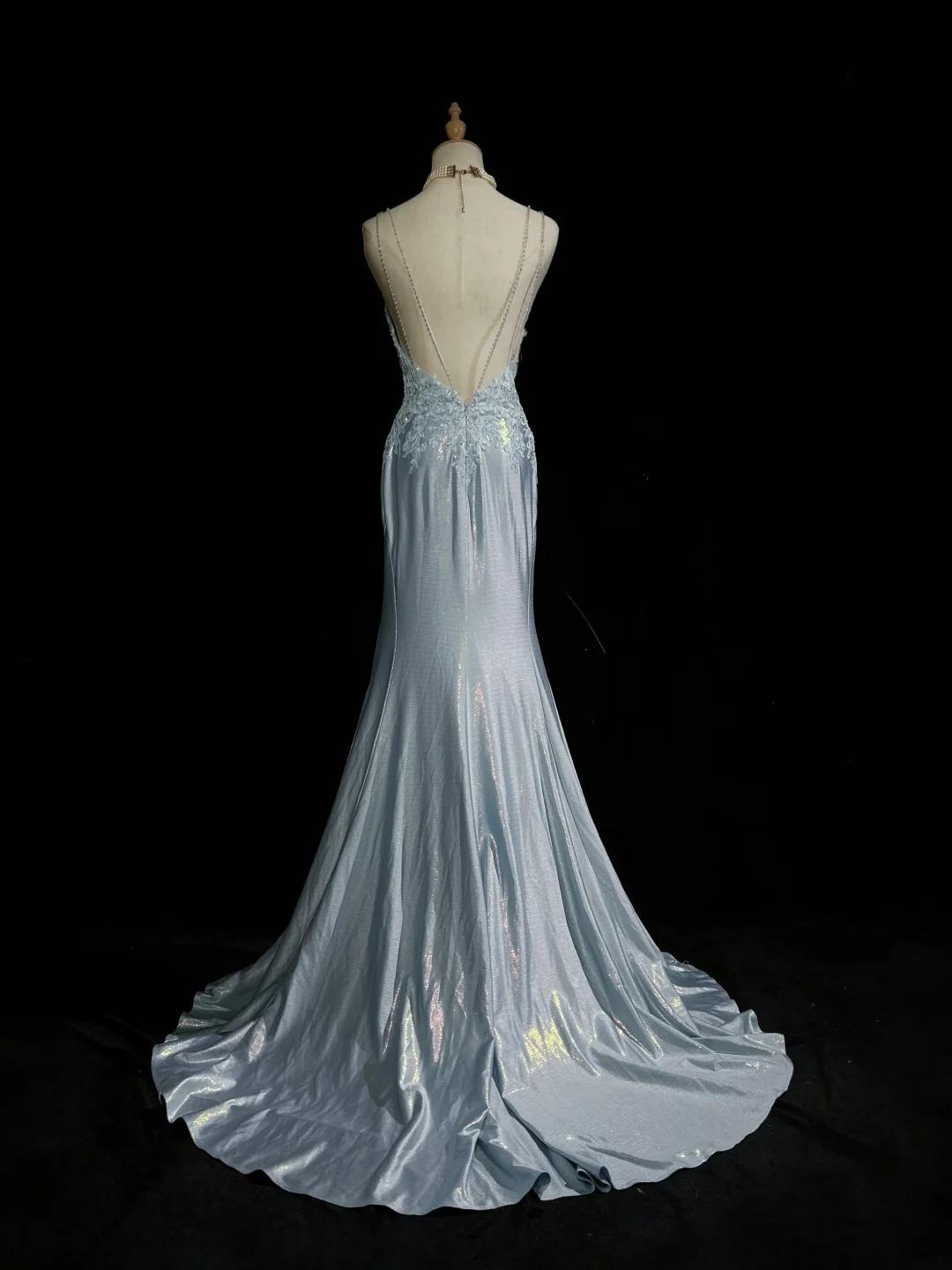 Wunderschönes Spaghettiträger-Meerjungfrauen-Glitzer-Satin-Langball-Abendkleid mit rückenfreiem Applique-Abendkleid Einfaches Hochzeitskleid ED01863