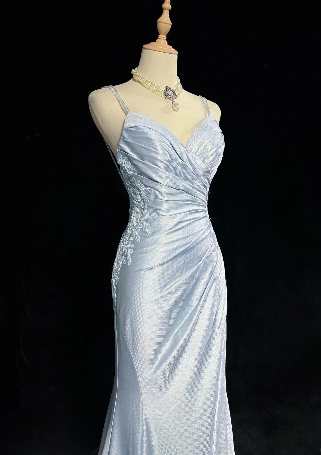 Wunderschönes Spaghettiträger-Meerjungfrauen-Glitzer-Satin-Langball-Abendkleid mit rückenfreiem Applique-Abendkleid Einfaches Hochzeitskleid ED01863