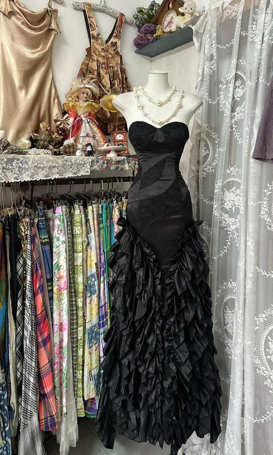 Robe de bal sirène en satin noir à col en cœur, robe d'anniversaire, robe de soirée formelle ED01865