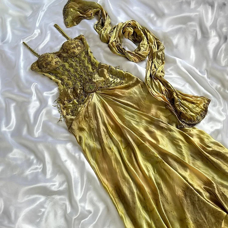 Vintage Gold Spaghetti Strap Chiffon Bodycon Dress Beaded Ball Dress with Scarf ED01866