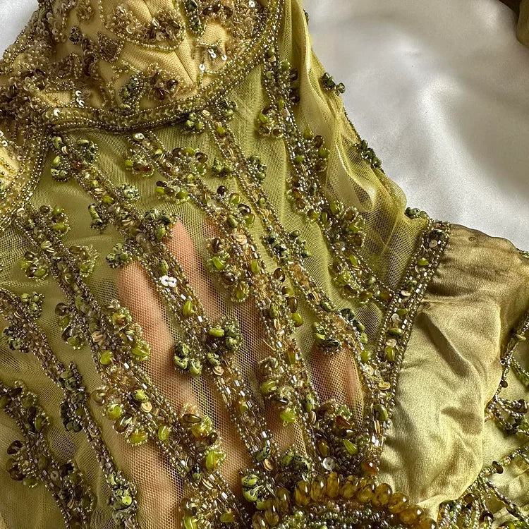 Vintage Gold Spaghetti Strap Chiffon Bodycon Dress Beaded Ball Dress with Scarf ED01866