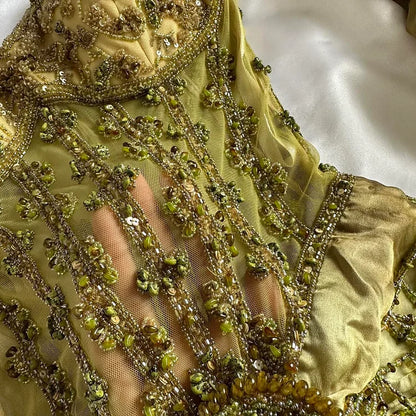 Vintage Gold Spaghetti Strap Chiffon Bodycon Dress Beaded Ball Dress with Scarf ED01866