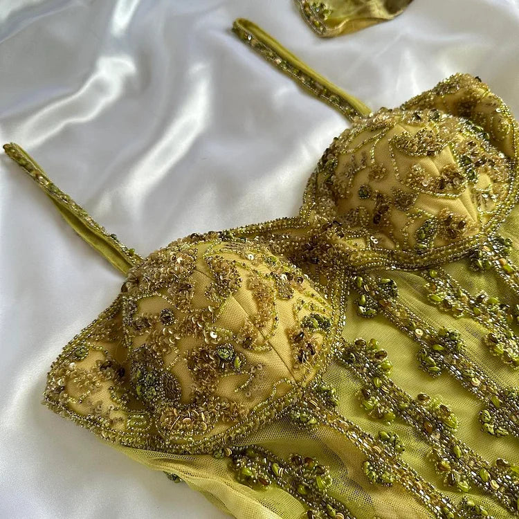 Vintage Gold Spaghetti Strap Chiffon Bodycon Dress Beaded Ball Dress with Scarf ED01866