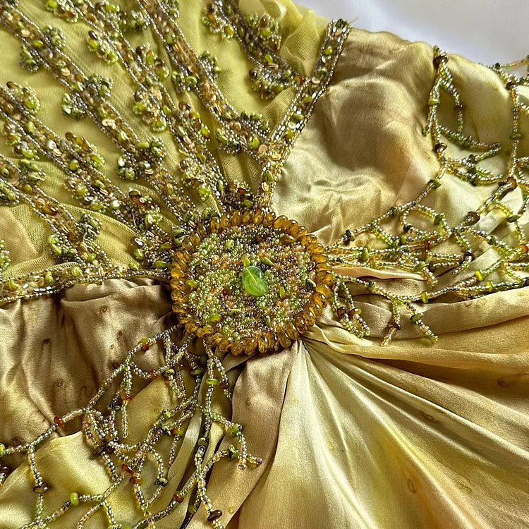 Vintage Gold Spaghetti Strap Chiffon Bodycon Dress Beaded Ball Dress with Scarf 