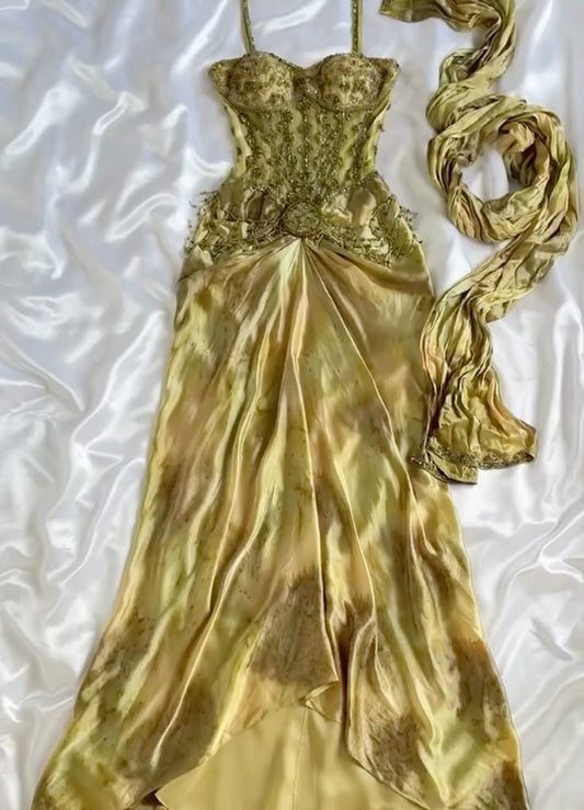Vintage Gold Spaghetti Strap Chiffon Bodycon Dress Beaded Ball Dress with Scarf ED01866