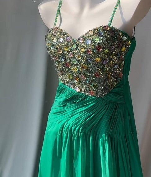 Vintage Grünes Spaghettiträger Chiffon A-Linie Pailletten Strass Ballkleid Wunderschönes Brautkleid ED01870