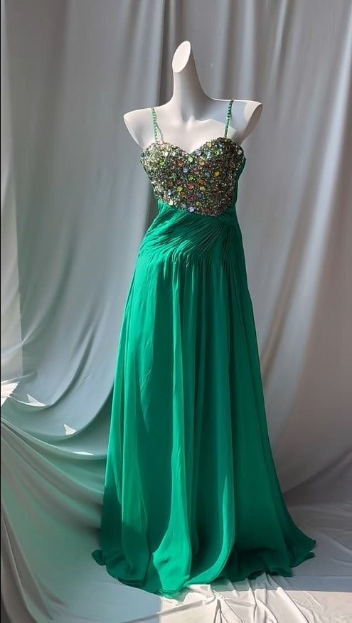 Vintage Grünes Spaghettiträger Chiffon A-Linie Pailletten Strass Ballkleid Wunderschönes Brautkleid ED01870