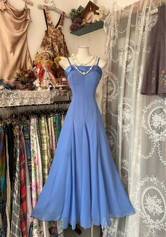 Vintage Soft Blue Spaghetti Strap A-Linie Chiffon Geburtstags-Ballkleid Hübsches Abschlusskleid ED01871