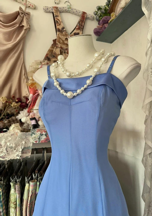 Vintage Soft Blue Spaghetti Strap A-Linie Chiffon Geburtstags-Ballkleid Hübsches Abschlusskleid ED01871