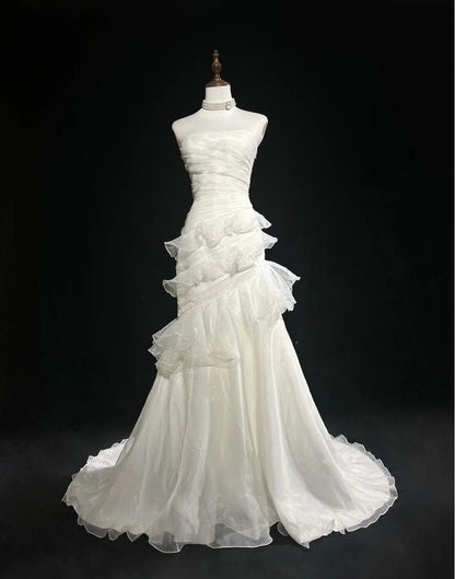 Stunning White Strapless Mermaid Organza Long Prom Dress Simple Wedding Dress ED01872