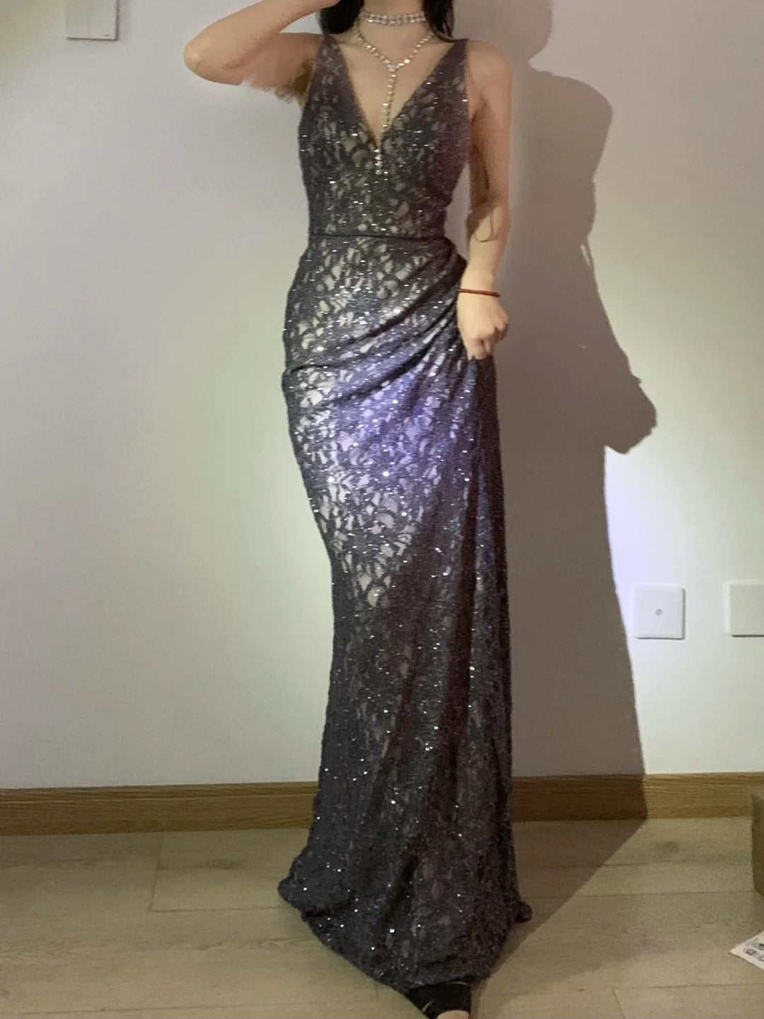 Robe de bal longue en dentelle à col en V, robe de soirée scintillante, ED01873