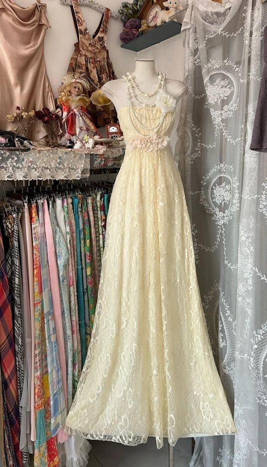 Beautiful A-Line Light Yellow Lace Strapless Prom Dress Cute Birthday Party Dress ED01874