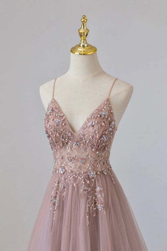 Robe de bal longue trapèze en tulle rose, robe de soirée spaghetti rose avec perles ED01879