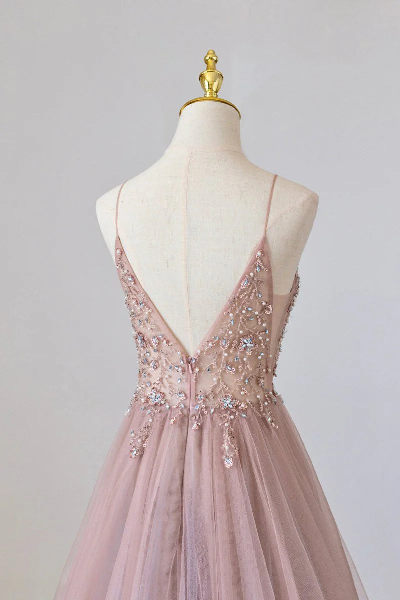 Robe de bal longue trapèze en tulle rose, robe de soirée spaghetti rose avec perles ED01879